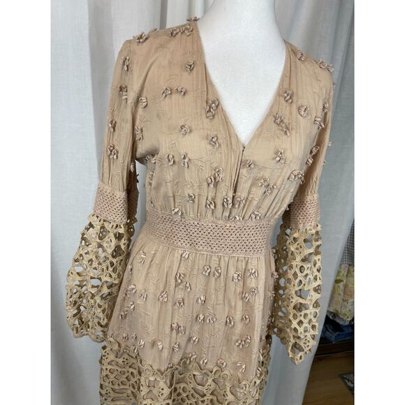 Boston Proper Cream Smocked Midi Dress with Bell Sleeves - Picture 2 of 8